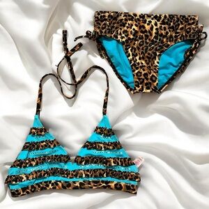 Y2K Dreamy Justice Rhinestone Blue and Leopard Print Bikini